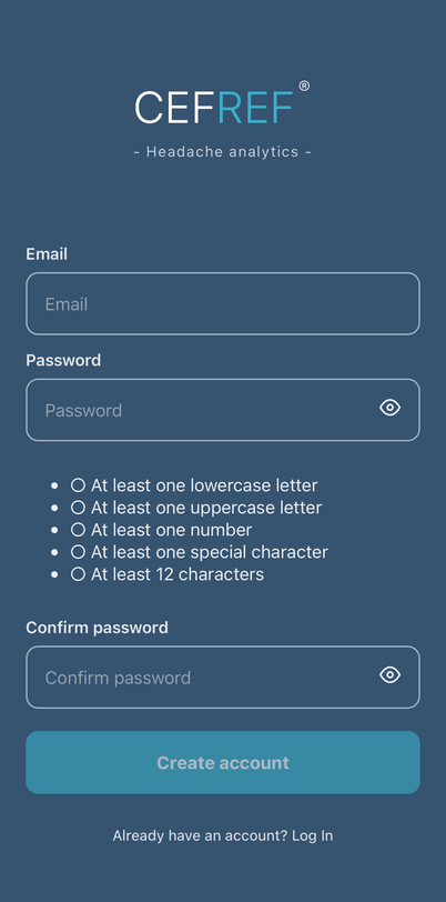 CEFREF create account screen with email and password requirements