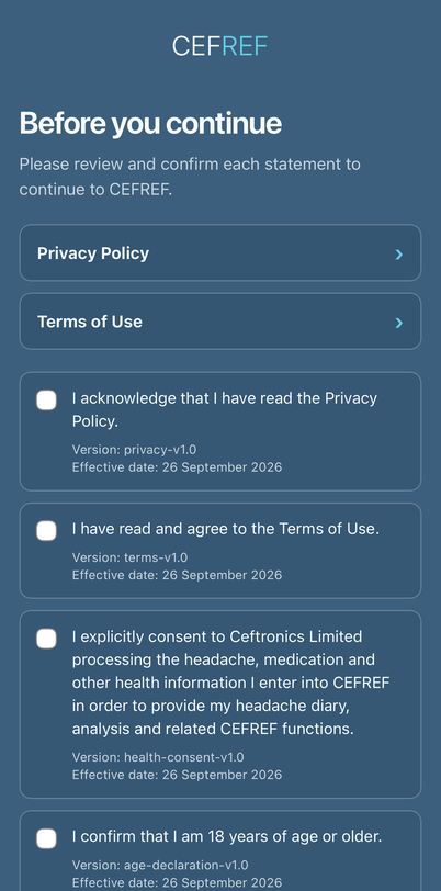 CEFREF Privacy Policy, Terms of Use, health information and age acknowledgements