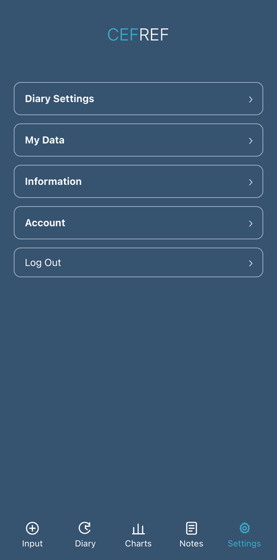 CEFREF Settings menu showing Diary Settings, My Data, Information, Account and Log Out