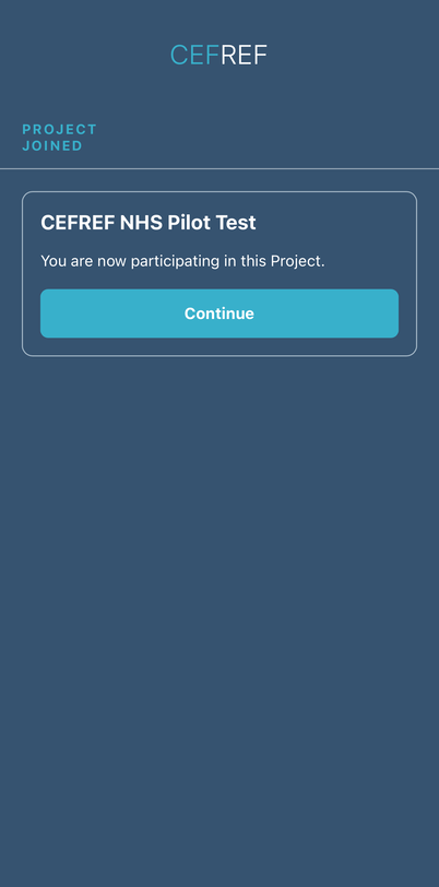 CEFREF Project Joined confirmation with Continue button