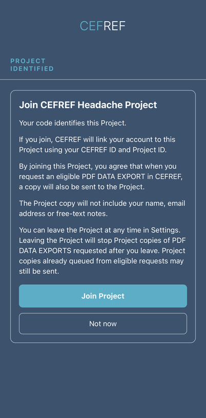 CEFREF Project Identified screen showing the Project information, Join Project and Not now choices